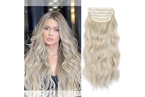 ALILEADER 4Pcs Ash Blonde Clip in Hair Extension, Curly Hair Extension Clip in, 20 Inches Long Synthetic Hair Extensions, Soft Wavy Hair Pieces for Women Full Head (Ash Blonde, 4pcs)