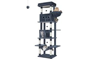 Hzuaneri Cat Tree for Indoor Cats, 210 cm Large Tall Cat Tower, Multi-Level Cats House with Condo, 8 Scratching Posts, Hammock, 4 Pom Poms, Dark Grey MS21018SG