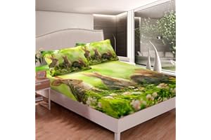LOUSSIESD Girls Cute Rabbit Bedding Set Girly 3D Lovely Animal Pet Fitted Sheet For Kids Children Rabbits Print Bed Sheet Set Green Nature Theme Bed Cover Bedroom Decor 3Pcs Double Size