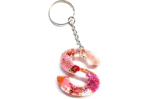 Cotswold Crafts By Emma Personalised Handmade A-Z Letter Keyring with Pink Pressed Flowers and Rose Gold Foil – Custom Keychain Gift or Bag Charm for Women, Men, Kids, Handbags, or Backpacks- Letter S
