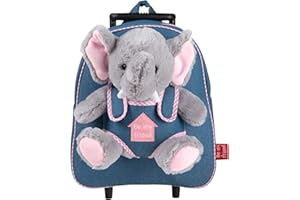 PERLETTI Sac à Roulette Scolaire Maternelle et Peluche Douce pour Enfant 3 4 5 Ans - Mini Sac à Dos avec Roues et Animal Doudou Amovible pour Fille Garçon - Sacoche Garderie avec Jouet - 29x32x11 cm