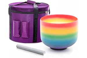KVKA Crystal Singing Bowl - 432 Hz 8 inch Frosted Quartz Singing Bowls for Chakra Holistic Healing, Meditation & Relaxation - with Mallet & O-ring & Carry Case (8 inch 432Hz C Note Rainbow)