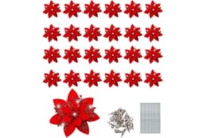 TIDEVAN 25 Piezas Flores Artificiales de Navidad Poinsettia Flores de Navidad para Adornar el Árbol Artificial de Navidad Flores con Clips Tallos para Guirnalda Fiesta Boda Año Nuevo Decoración (Rojo)