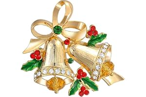 Bling Jewelry Set of 2 Large Fashion Statement Colorful Crystal Decorated Holiday Holly Christmas Tree & Bells Scarf Brooch Pin for Women Yellow Gold Plated