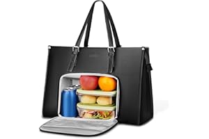 MATEIN Bolso Portatil Mujer con Compartimento Aislante para el Almuerzo, Bolsos para Universitarias para 15.6 Portatil Lunch Bag Cuero PU Impermeable Bolsa Shopper Grande Uso Diario Trabajo, Negro