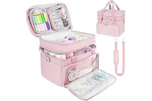 Jamiukro Sacoche de Couture Double Couche, Bretaille & 2 Pochettes Amovibles, Grand Rangement pour Fils, Ciseaux, Rose