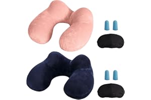 LUZWAY Cuscino da Viaggio Gonfiabile Cervicale Collo Cuscini di Supporto Travel Pillow con Federa Lavabile, Tappi per Le Orecchie, Maschera, per Viaggi Aereo Auto Treno Ufficio (2 pezzi, Blu+Rosa)