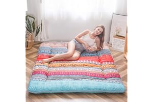 MAXYOYO Bohemian Retro Floor Mattress Vintage Floral Japanese Futon Mattress Roll Up Thicken Sleeping Bed Portable Camping Mattress Floor Lounger Couch Bed Mattress Pad (Bohemian A, King)