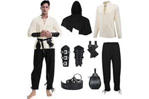 MVFEUIJ Disfraz medieval renacentista para hombre, disfraz de vikingo, camisa con cordones, pantalones con accesorios, disfraz de Halloween para cosplay, mascarada, magos