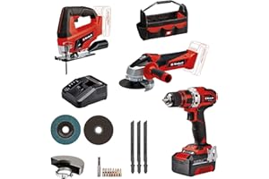 Einhell Trapano avvitatore TE-CD 18/40 Li + smerigliatrice angolare TC-AG 18/115 Li + seghetto alternativo TC-JS 18 Li Power X-Change (18 V, incl. 1 batteria da 4,0 Ah, caricabatterie, custodia)