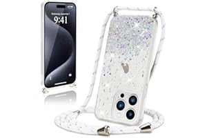 Wirvyuer Handykette Hülle für iPhone 15 Pro Max Handyhülle mit Kordel Glitzer Schutzhülle mit Band zum Umhängen Halskette Silikon Case mit Schnur für iPhone 15 Pro Max Transparent