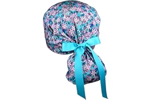 CALOMED Calot de Bloc Charlotte Chapeau Infirmière Bonnet en Tissu pour Personnels de Santé ou Pâtissier Modèle Pony Queue de Cheval Femme ou Homme Cheveux Longs (Petites Fleures Violettes)