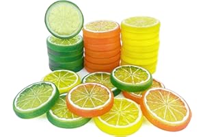 Lorigun 30pcs Fake Lemon Slice Garnish Artificial Fruit Faux Food House Decoration(Red Green Yellow,Each Color 10Pcs)