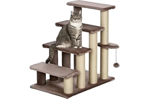 PawHut Katzentreppe 4 Stufen Tiertreppe Treppe für Katze mit Kratzsäulen Ball Haustiertreppe Hundetreppe aus Plüsch und Jute 60 x 40 x 64 cm Braun