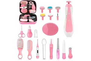 UHFI Baby Healthcare and Grooming Kit, 26 in 1 Portable Baby Safety Care Set with Hair Brush Comb Nasal Aspirator Electric Nail Trimmer Set Baby Essentials kit for Newborn Boys Girls (Pink)
