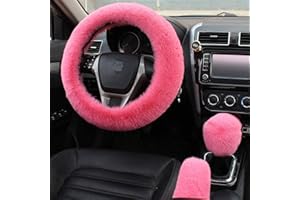 Silence Shopping Fluffy Steering Wheel Cover, Fuzzy Steering Wheel Cover for Women, Furry Steering Wheel Covers with Handbrake Cover Gear Shift Cover, 1 Set 3 Pcs, 14.96Inch (Pink)