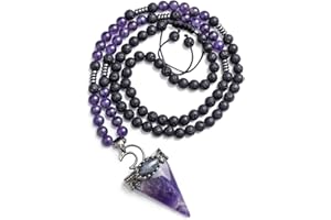 Jovivi 6mm Natural Amethyst Rose Quartz Crystal Pendulum Necklace Lava Rock Labradorite Healing Chakra Triangle Pendulum Crystal w/Moon 25inches Adjustable
