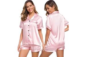 SWOMOG Pyjamas for Women Silk Satin Pyjama Bride Pjs Set Two Piece Pj Sets Button Down Sleepwear Loungewear