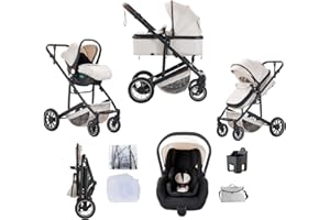Lnhcrbs Poussette 3 en 1, Système de Voyage, Beige-Poussette Tout Terrain, Poussette Avec Cosy Avec Habillage Pluie Moustiquaire, Poussette Avec Poignée Réglable,Avec Châssis en Aluminium, 0-4,22Kg
