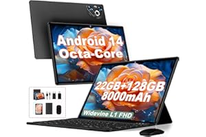 DGHRTI 2025 Tablet 10 pollici Android 14, 22GB RAM 128GB ROM/TF 1TB, Processore Octa-Core, 8000mAh, Corpo in Metallo, Face ID, 8MP+5MP, Doppio WiFi, Widevine L1, Protezione Occhi, Tastiera, Mouse, Black