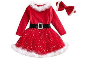 MAHUAOYIXI 2 Pezzi Natale Abito Ragazza Bambina a Maniche Lunghe con Cuciture in Maglia con Fascia Capelli Abito Casual Comodo Elegante Bambina Principessa Abito per Festa