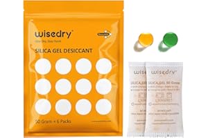 wisedry Odnawialne saszetki z żelem krzemionkowym 50 g (6 opakowań), pomarańczowe koraliki klasy spożywczej, zmieniające kolor, szybko reaktywują silny pochłaniacz wilgoci, do książek, leków, żywności