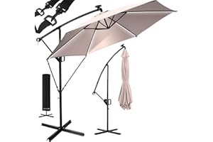 KESSER® Alu Ampelschirm LED Solar Ø350cm Inkl. Abdeckung Fernbedienung Kurbelvorrichtung Kurbelschirm mit Ständer 360° Funktion UV-Schutz Aluminium Wasserabweisend Garten-Schirm Marktschirm Taupe