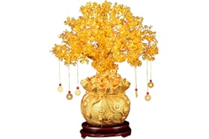 Veemoon Feng Shui - Albero di citrino in cristallo con monete di ricchezza per la ricchezza della casa, ufficio, negozio, decorazione da tavolo 19 cm (con base)