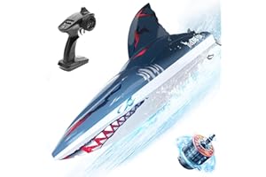 DEERC Ferngesteuerte Boote Bürstenlos RC Haiboot, 48+KM/H 3S Hochgeschwindigkeits, Selbstaufrichtendes 2.4Ghz mit LED Lichtern, Sommer Spielzeug Geschenk für Kinder, Erwachsene