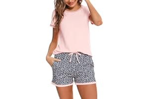 Litherday Pijama Mujer Verano Manga Corta Algodón Pijamas Mujer Sexy Talla Grande Ropa para Dormir con Bolsillos y cordón S-XXL