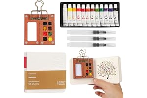 PENCHUAN Mini Aquarell Travel Set, Skizzenbuch Palette Set 8 Grids,Tragbares Holz Malpalette Malkasten,Skizzenbuch Palette für Künstler, Studenten,mit Aquarellpapier Journal, Aquarellpinsel Stiftel, Clip