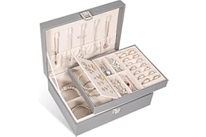 Voova Caja Joyero Mujer Caja para Joyas Niña, Grande Joyeros Mujer Organizador 2 Niveles Estche de Joyería con Cerradura, Estilo Moderno para Collares Anillos Pendientes Pulseras, Gris