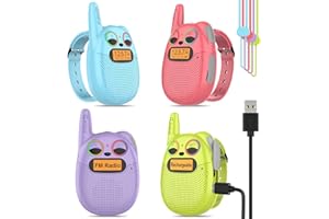 QNIGLO Q136 Talkie Walkie Enfants Rechargeable 4Pc, avec Radio FM, 2-5Km Portée Clignotant LED Yeux,Talkie-Walkie Montre Portable,Camping et Course,Jouet Cadeau pour Enfants(4Couleur)