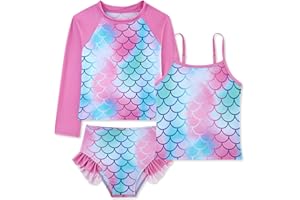 Belovecol Girls Swimming Costume 3-Piece Bathing Suit Long Sleeve Swimsuit with Ruffle Shorts Tankini Sets Beachwear 4-10 Years