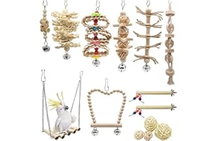 Allazone Bird Toys: 18 PCS Parrot Perch Transitional Hammock Swing, Wooden Chewing Toy for Conures, Love Birds, Small Parakeets, Cockatiels, Macaws
