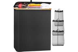 Mejasg 160L Faltbarer Wäschekorb 3 Fächer mit 3 Wäschesack, Laundry Baskets Wäschesammler mit Deckel und Griffen aus Bambus, Wäschebox Wäschetruhe Wäschetonne für Schlafzimmer, Badezimmer, Waschküche