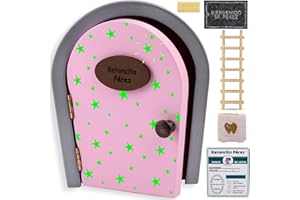 HOMYKIDS® Puerta Ratoncito Perez de madera que abre y cierra - Brilla en la oscuridad - Puerta Raton Perez Mágica + Certificados + Felpudo + Escaleras + Saco (Rosa)