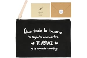 GEBETTER Kit Regalo Mujer 1*Bolso Neceser + 1*Tarjeta + 1*sobre Kraft, Frase Motivadora Cartera Mano Estuche Maquillaje Cosmético Viaje Multiuso Navidad Cumpleaños Lona 23x16 cm (Negro)