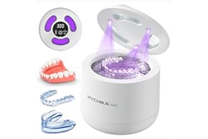 HYCHIKA BETTER TOOLS FOR BETTER LIFE Pulitore Ultrasuoni Apparecchio Denti con Sterilizzatore UV,Alta Frequenza a 45 kHz Clean Pod,4 Modalità per Apparecchi Ortodontici, Bite Notturni, Allineatori ecc.,200 ml,Bianco