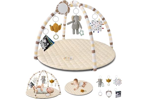 Blissful Diary Tapis d'éveil Bébé avec Arche Amovible, Tapis Éveil Bébé 6 Jouets - Développement Sensoriel et Moteur Progressif, Cadeau pour Nouveau Né, Enfant, Fille et Garçon, Beige