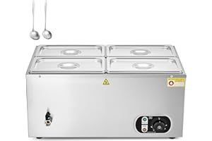 WILPREP Commercial Electric Food Warmer, 18L Large Buffet Server with 4 Pans and Lids for Catering Restaurants Parties, 1500W Stainless Steel Bain Marie with Adjustable Temp. & Automatic Shutoff