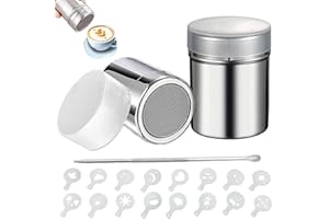 UIRHEURD 2 unidades de espolvoreador de azúcar en polvo, cacao para capuchino, para decorar café de chocolate caliente, con 16 tarjetas de forma de capuchino, 1 aguja de rafia