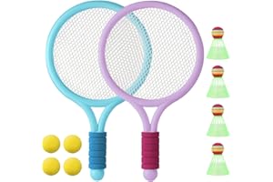 Zyluniy Raquetas de Tenis para NiñOs, Set de BáDminton para NiñOs con 4 Pelotas Suaves de Entrenamiento y 4 Volantes, Raquetas Badminton Niños, Tenis Suave para Deporte Exterior e Interior