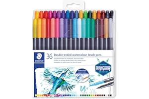 Staedtler Feutres de coloriage aquarellables à double pointe, Pointe pinceau 1-6 mm et pointe fine 0.5-0.8 mm, Étui plastique avec 36 couleurs différentes assorties, 3001 TB36