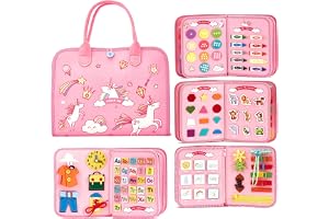 Beauenty Busy Board, Montessori Toys for Toddlers Develop Basic Skills, Travel Educational Toys Learning Basic Dress Skills Sensory for 3 4 Year Old Boys Girls Birthday for Kids (Pink)