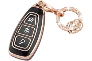 Koaudb Protecteur de clé de Voiture en TPU pour Ford Fiesta Focus C-Max Galaxy B-Max Grand C-Max Kuga Mondeo S-Max 3 Boutons sans clé avec Porte-clés Noir Or (R-Frd-3-B)