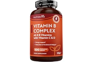 Nutravita Vitamina B Complex con Vitamina C D B - 500 Comprimidos de Multivitaminas para +1 Año - Las 8 Vitaminas B + Biotina - Metabolismo, función mental, sistema nervioso (EFSA)