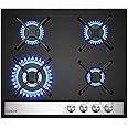 GASLAND GH6604BG1FC Glass Gas Hob, Built-in Glass Cooktop with 4 Burners, Gas Cooker with Wok Burner, 60 cm Black Glass Stove, Butane Gas Cooker 8000 W, LPG/NG