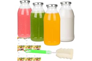 EkkoVla 280ml Glass Juice Bottles with Airtight Lids- 4 Pack Reusable Drinking Jars for Juicing Milk Smoothies Water