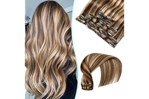 ‎VINBAO VINBAO Clip in Extensions Echthaar Blond Remy Echthaar Extensions Farbe #4P27 Mittelbraun hervorgehoben Karamellblond Clip in Haarverlängerung 18 Zoll 120g 6 Stück Echthaar (#4P27,45cm)